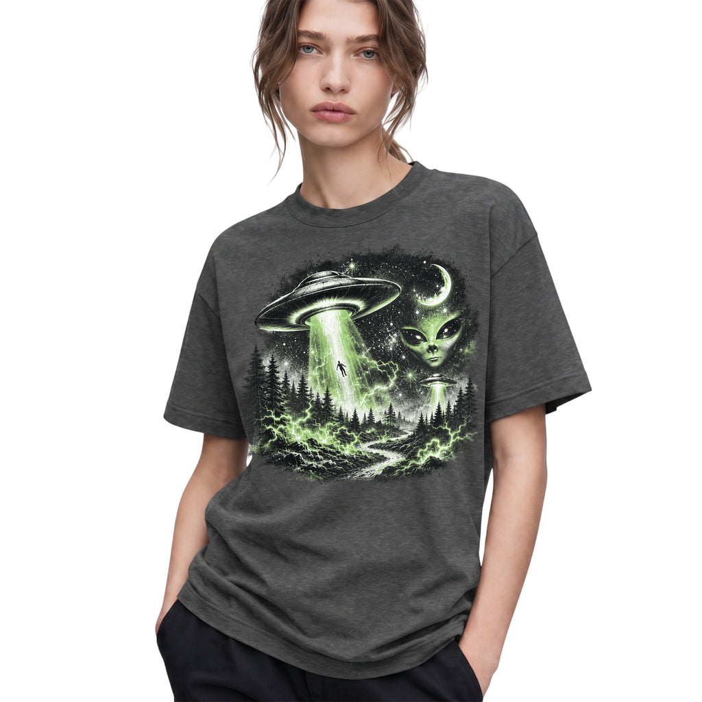 SF_COLOR=dark-heather; SF_ITEM=adult-t-shirt; SF_ROLE=gallery; UFO Alien Abduction T-Shirt Forest Tractor Beam Sci Fi Retro Space Horror - Dark Heather Adult T-Shirt product image