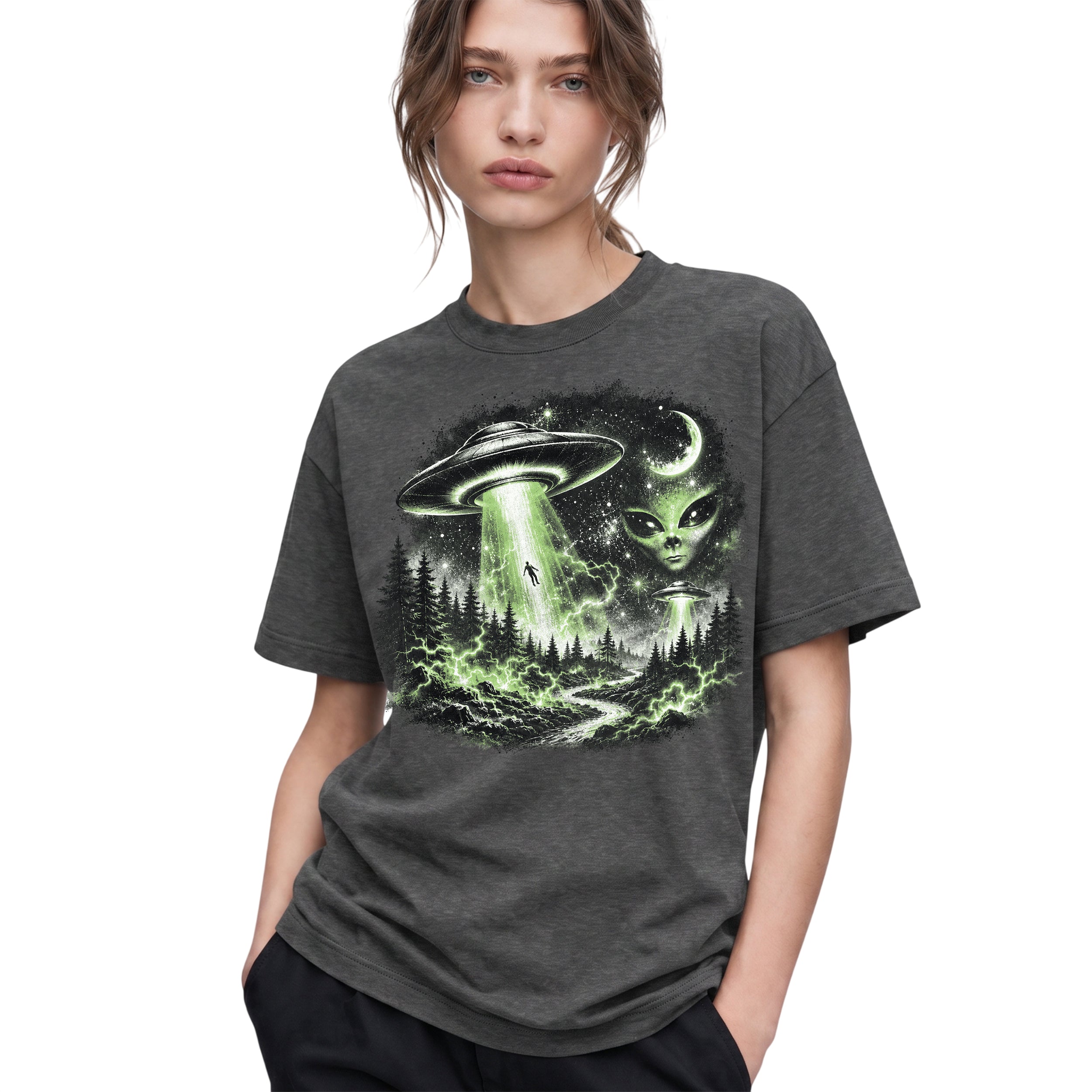 SF_COLOR=dark-heather; SF_ITEM=adult-t-shirt; SF_ROLE=gallery; UFO Alien Abduction T-Shirt Forest Tractor Beam Sci Fi Retro Space Horror - Dark Heather Adult T-Shirt product image