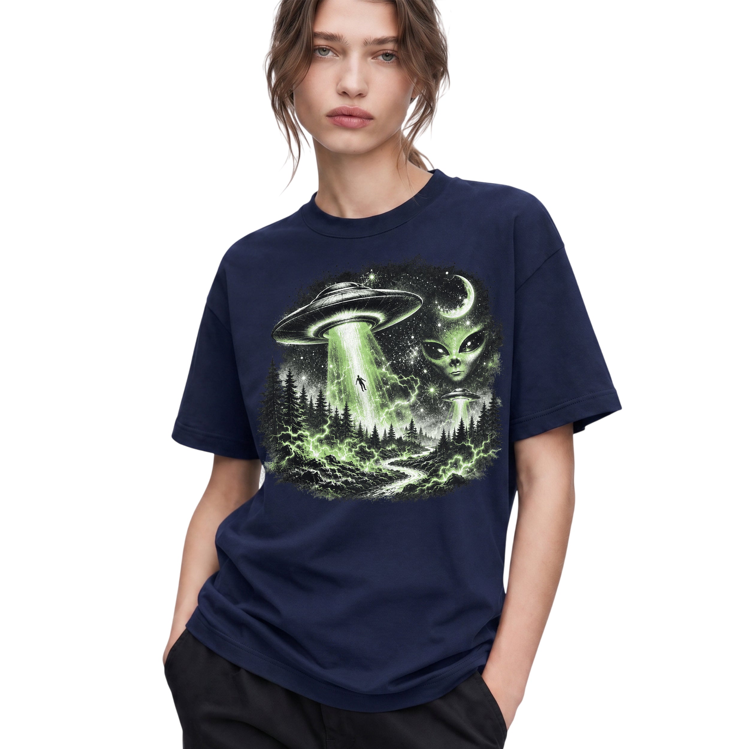 SF_COLOR=navy; SF_ITEM=adult-t-shirt; SF_ROLE=gallery; UFO Alien Abduction T-Shirt Forest Tractor Beam Sci Fi Retro Space Horror - Navy Adult T-Shirt product image