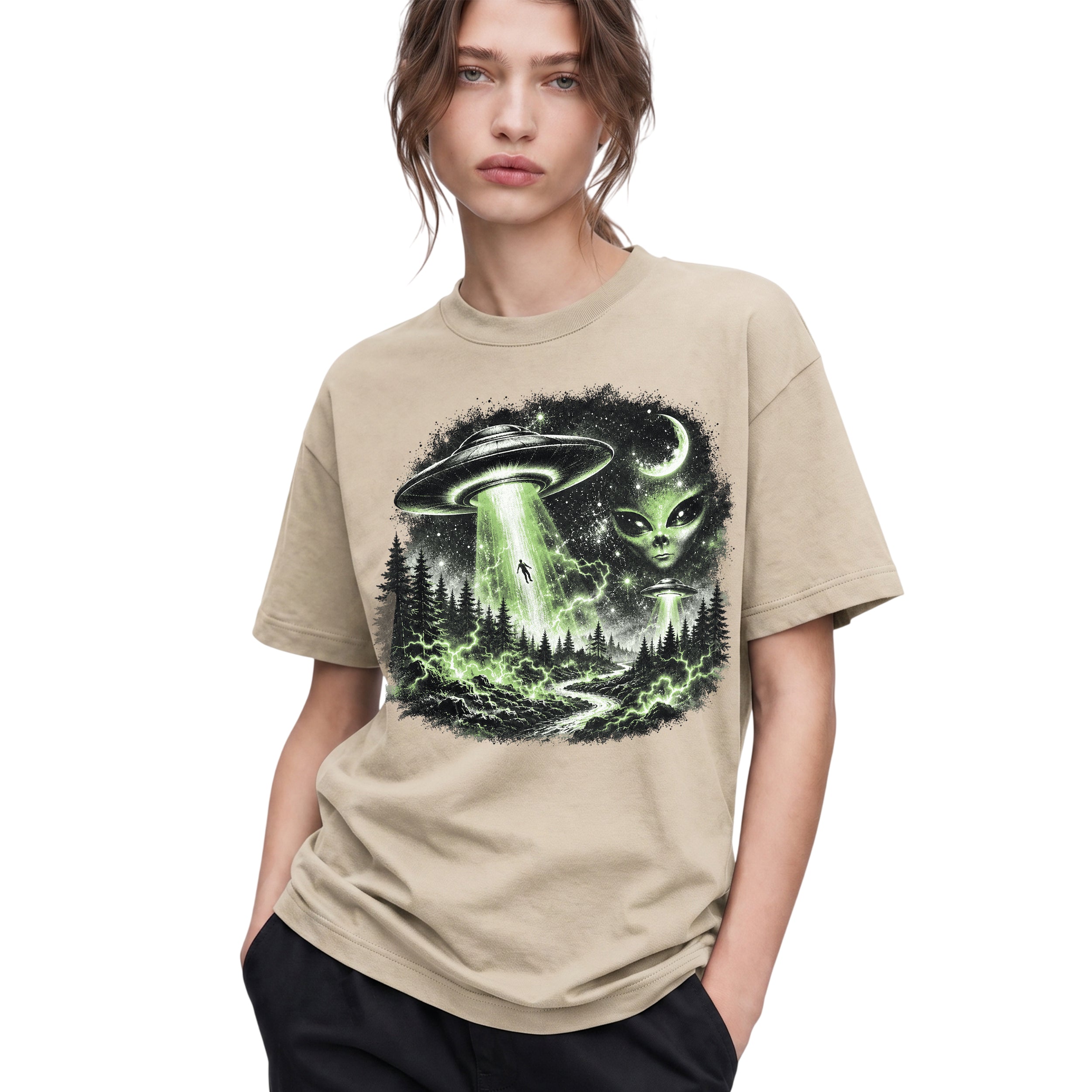 SF_COLOR=sand; SF_ITEM=adult-t-shirt; SF_ROLE=gallery; UFO Alien Abduction T-Shirt Forest Tractor Beam Sci Fi Retro Space Horror - Sand Adult T-Shirt product image
