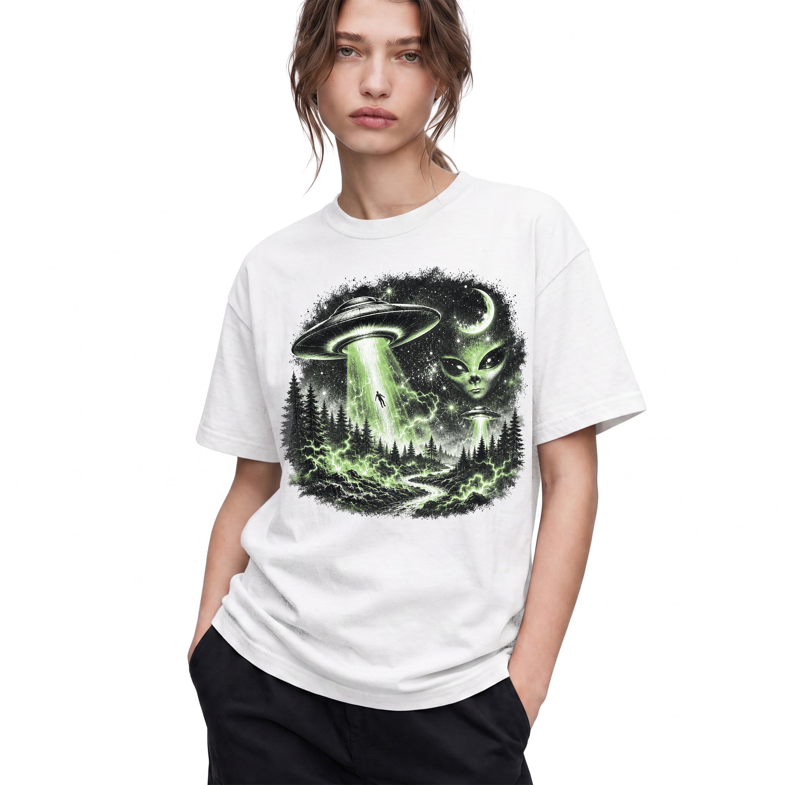 SF_COLOR=white; SF_ITEM=adult-t-shirt; SF_ROLE=gallery; UFO Alien Abduction T-Shirt Forest Tractor Beam Sci Fi Retro Space Horror - White Adult T-Shirt product image