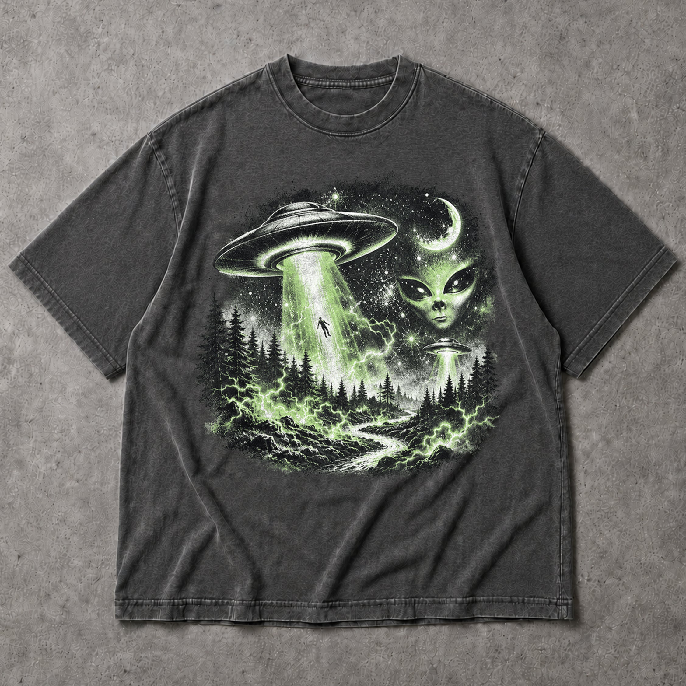SF_COLOR=dark-heather; SF_ITEM=adult-t-shirt; SF_ROLE=main; UFO Alien Abduction T-Shirt Forest Tractor Beam Sci Fi Retro Space Horror - Dark Heather Adult T-Shirt product image