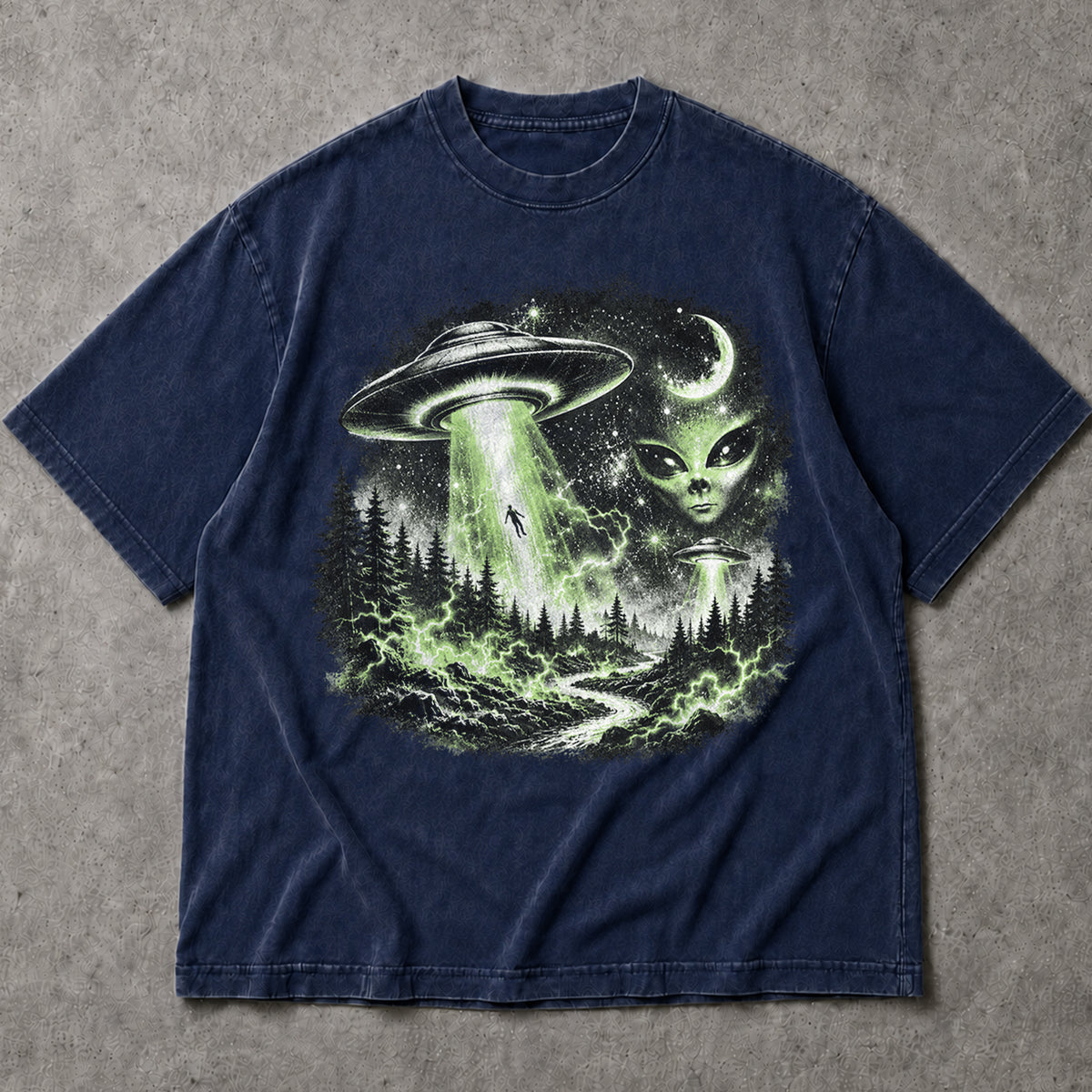 SF_COLOR=navy; SF_ITEM=adult-t-shirt; SF_ROLE=main; UFO Alien Abduction T-Shirt Forest Tractor Beam Sci Fi Retro Space Horror - Navy Adult T-Shirt product image