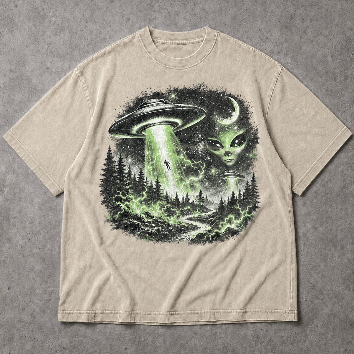 SF_COLOR=sand; SF_ITEM=adult-t-shirt; SF_ROLE=main; UFO Alien Abduction T-Shirt Forest Tractor Beam Sci Fi Retro Space Horror - Sand Adult T-Shirt product image