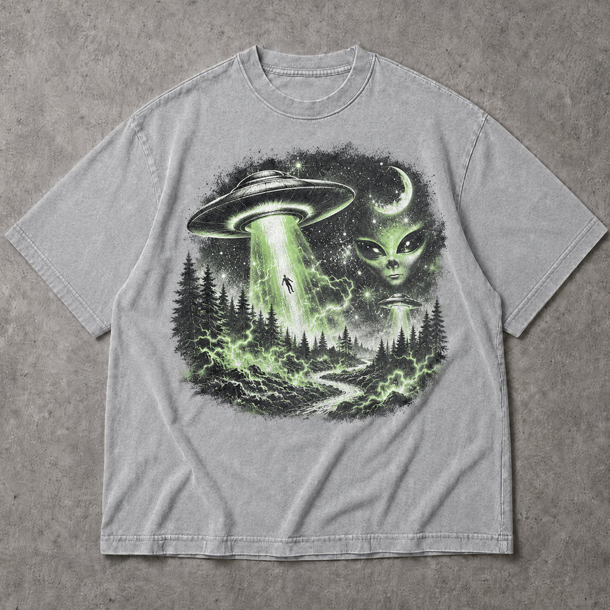 SF_COLOR=sport-grey; SF_ITEM=adult-t-shirt; SF_ROLE=main; UFO Alien Abduction T-Shirt Forest Tractor Beam Sci Fi Retro Space Horror - Sport Grey Adult T-Shirt product image
