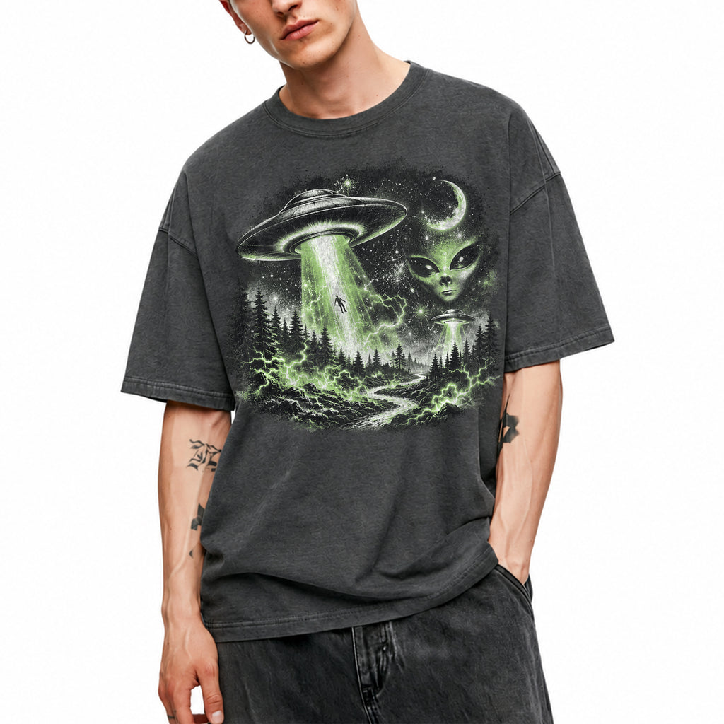 SF_COLOR=dark-heather; SF_ITEM=adult-t-shirt; SF_ROLE=gallery; UFO Alien Abduction T-Shirt Forest Tractor Beam Sci Fi Retro Space Horror - Dark Heather Adult T-Shirt product image