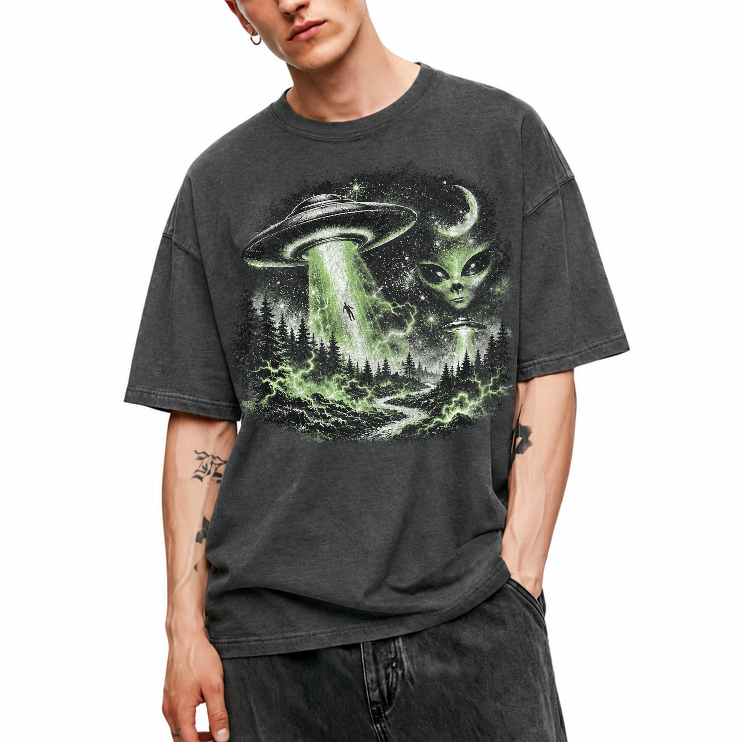 SF_COLOR=dark-heather; SF_ITEM=adult-t-shirt; SF_ROLE=gallery; UFO Alien Abduction T-Shirt Forest Tractor Beam Sci Fi Retro Space Horror - Dark Heather Adult T-Shirt product image
