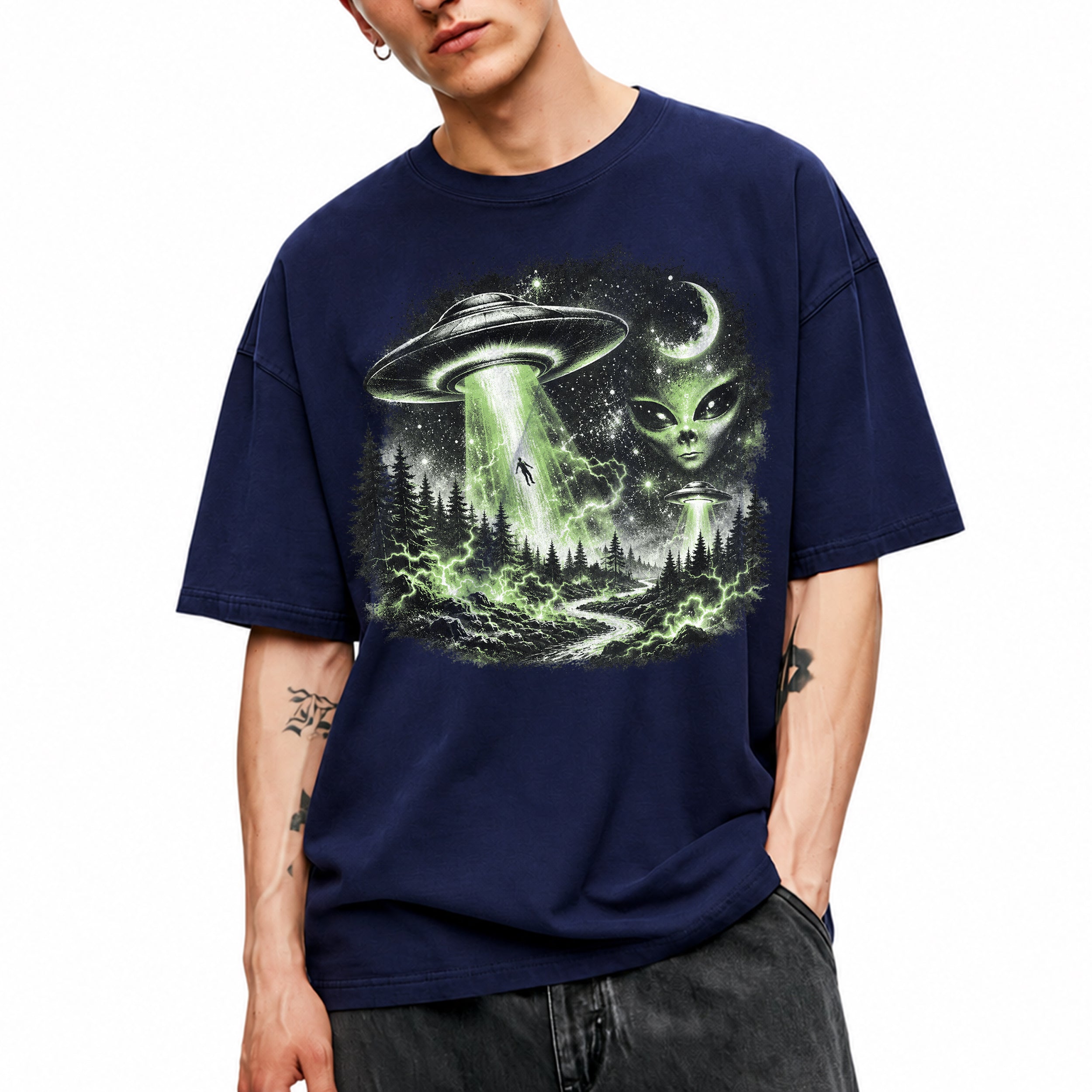 SF_COLOR=navy; SF_ITEM=adult-t-shirt; SF_ROLE=gallery; UFO Alien Abduction T-Shirt Forest Tractor Beam Sci Fi Retro Space Horror - Navy Adult T-Shirt product image