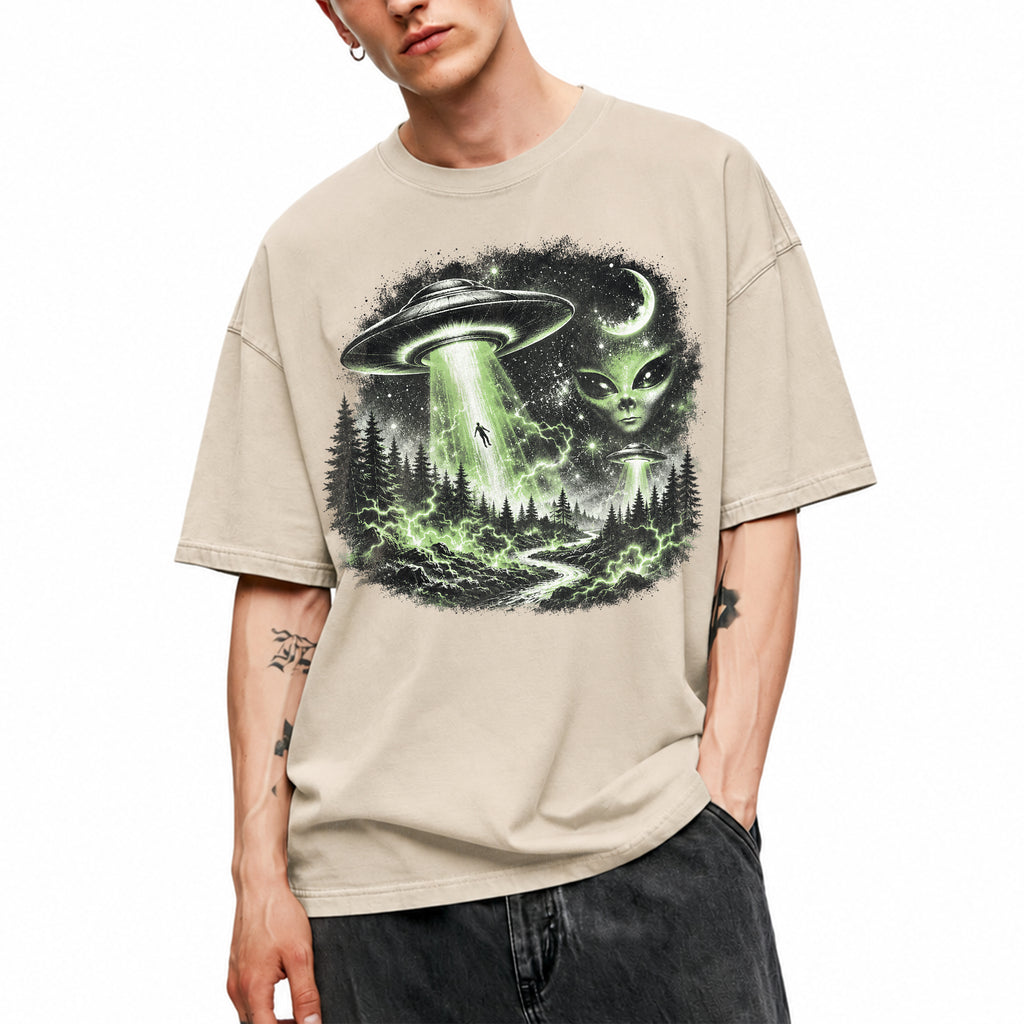 SF_COLOR=sand; SF_ITEM=adult-t-shirt; SF_ROLE=gallery; UFO Alien Abduction T-Shirt Forest Tractor Beam Sci Fi Retro Space Horror - Sand Adult T-Shirt product image