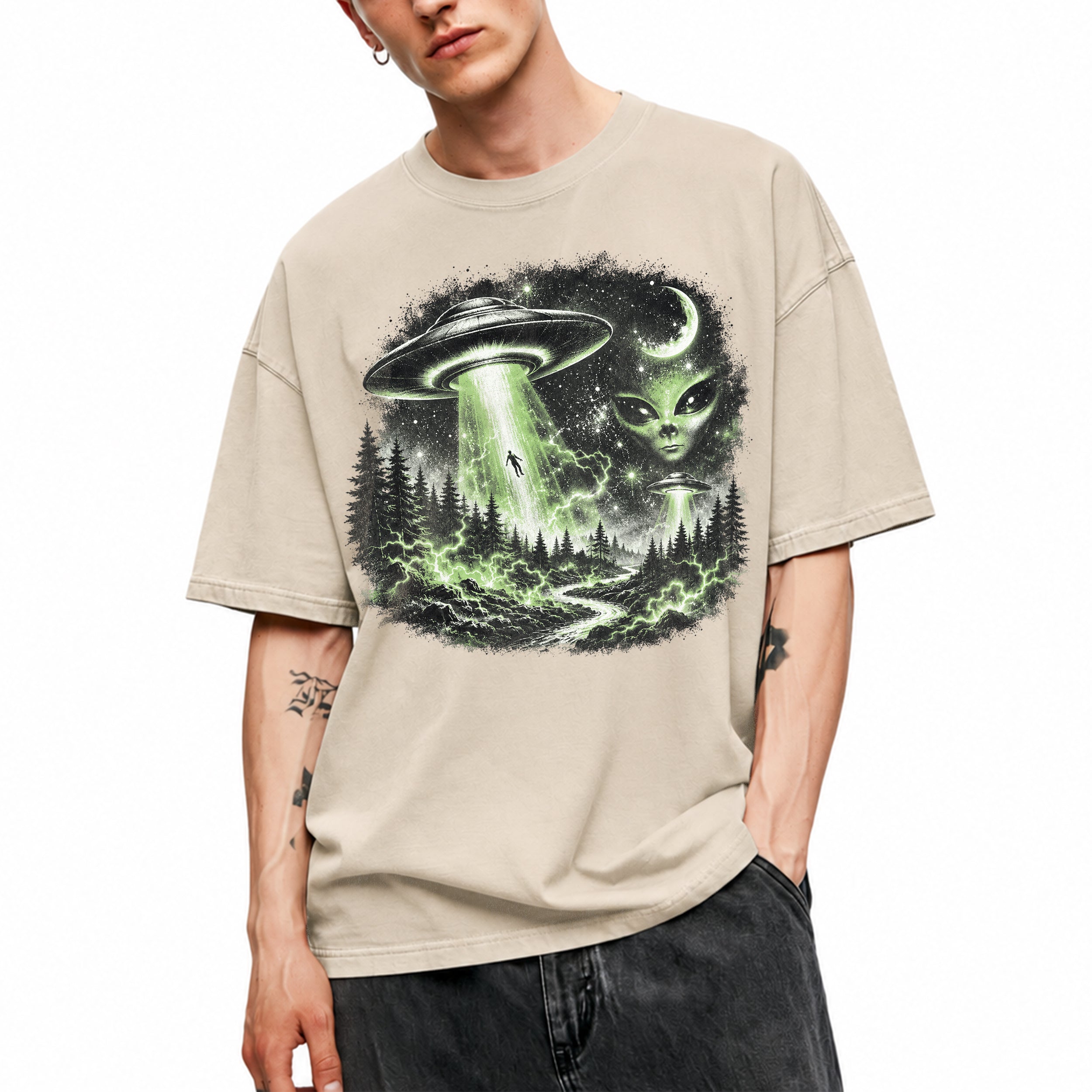 SF_COLOR=sand; SF_ITEM=adult-t-shirt; SF_ROLE=gallery; UFO Alien Abduction T-Shirt Forest Tractor Beam Sci Fi Retro Space Horror - Sand Adult T-Shirt product image