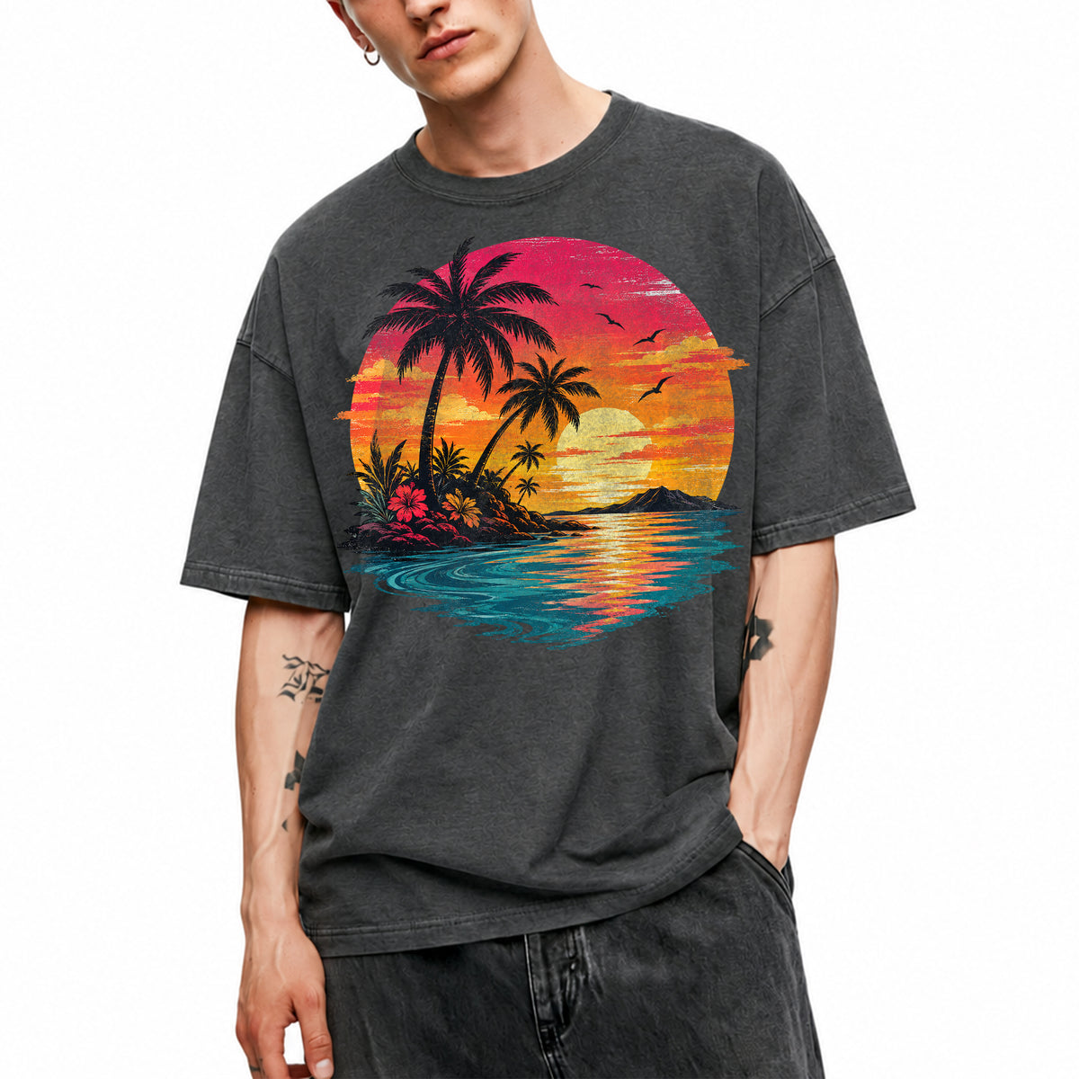 SF_COLOR=dark-heather; SF_ITEM=adult-t-shirt; SF_ROLE=main; Vibrant Tropical Sunset Palm Trees Island Beachss T-Shirt Vacation Tee - Dark Heather Adult T-Shirt product image