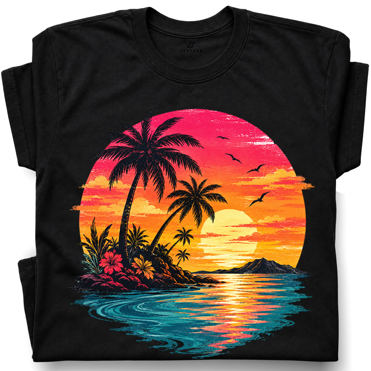 SF_COLOR=black; SF_ITEM=adult-t-shirt; SF_ROLE=gallery; Vibrant Tropical Sunset Palm Trees Island Beachss T-Shirt Vacation Tee - Black Adult T-Shirt product image