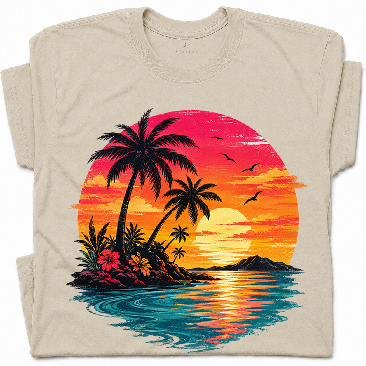 SF_COLOR=sand; SF_ITEM=adult-t-shirt; SF_ROLE=gallery; Vibrant Tropical Sunset Palm Trees Island Beachss T-Shirt Vacation Tee - Sand Adult T-Shirt product image