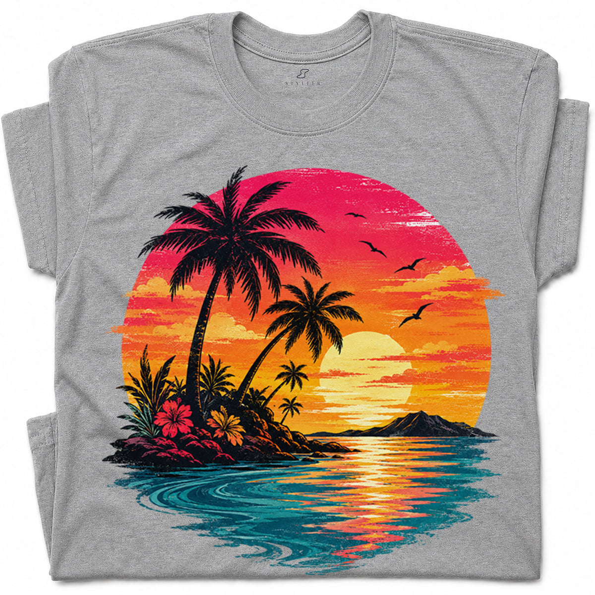 SF_COLOR=sport-grey; SF_ITEM=adult-t-shirt; SF_ROLE=gallery; Vibrant Tropical Sunset Palm Trees Island Beachss T-Shirt Vacation Tee - Sport Grey Adult T-Shirt product image