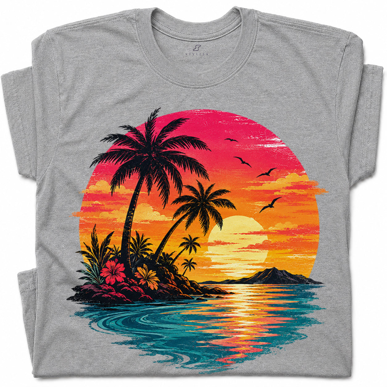 SF_COLOR=sport-grey; SF_ITEM=adult-t-shirt; SF_ROLE=gallery; Vibrant Tropical Sunset Palm Trees Island Beachss T-Shirt Vacation Tee - Sport Grey Adult T-Shirt product image