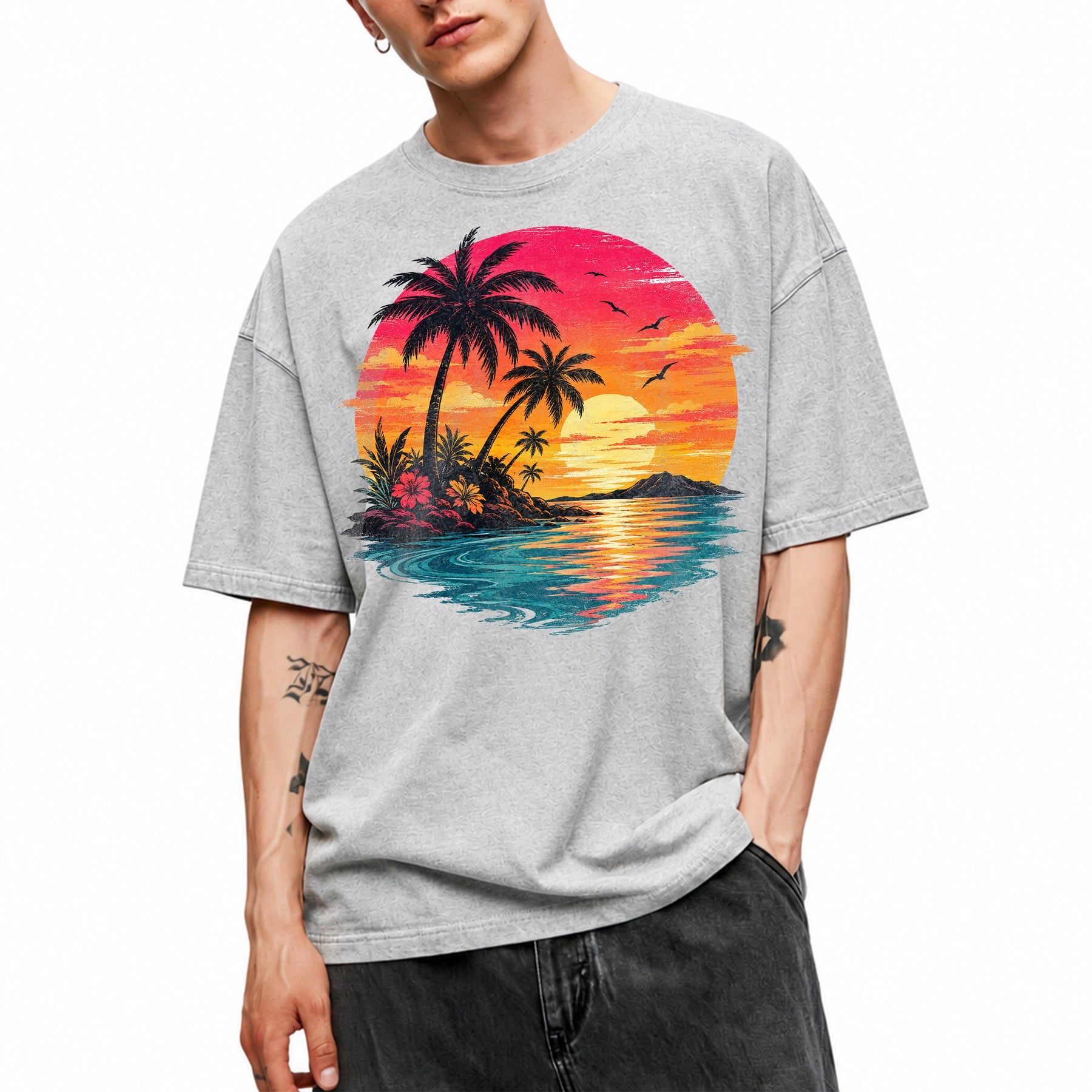 SF_COLOR=sport-grey; SF_ITEM=adult-t-shirt; SF_ROLE=main; Vibrant Tropical Sunset Palm Trees Island Beachss T-Shirt Vacation Tee - Sport Grey Adult T-Shirt product image