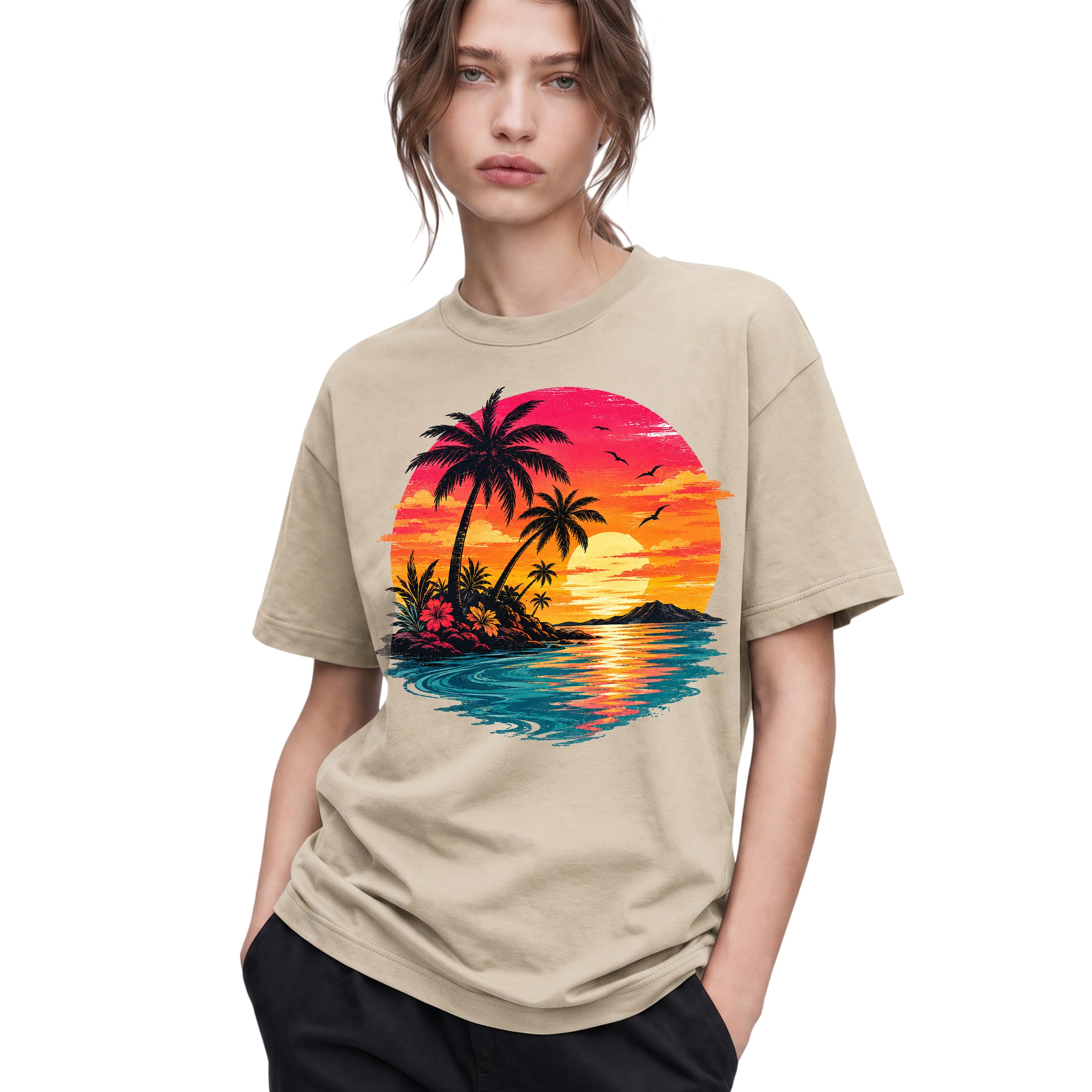 SF_COLOR=sand; SF_ITEM=adult-t-shirt; SF_ROLE=gallery; Vibrant Tropical Sunset Palm Trees Island Beachss T-Shirt Vacation Tee - Sand Adult T-Shirt product image