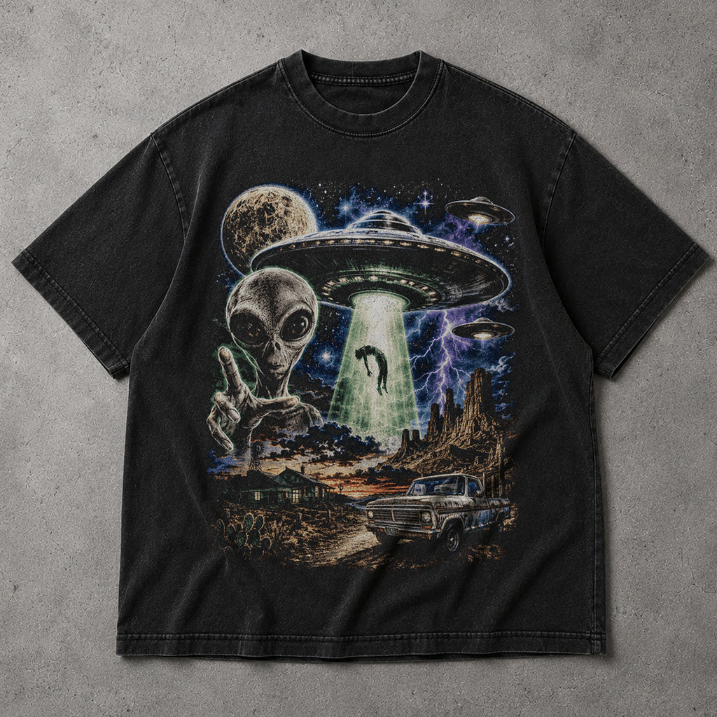 SF_COLOR=black; SF_ITEM=adult-t-shirt; SF_ROLE=main; Vintage Alien UFO Abduction T-Shirt Desert Truck Sci Fi Movie Poster Horror - Black Adult T-Shirt product image