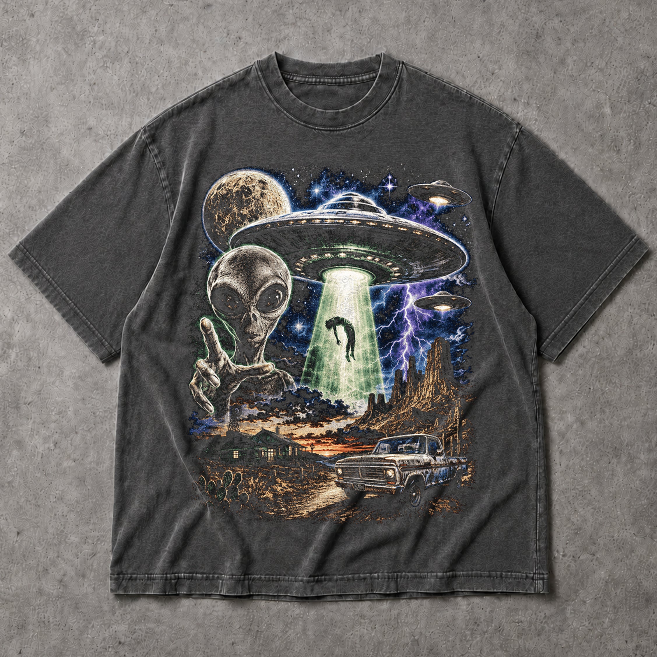 SF_COLOR=dark-heather; SF_ITEM=adult-t-shirt; SF_ROLE=main; Vintage Alien UFO Abduction T-Shirt Desert Truck Sci Fi Movie Poster Horror - Dark Heather Adult T-Shirt product image