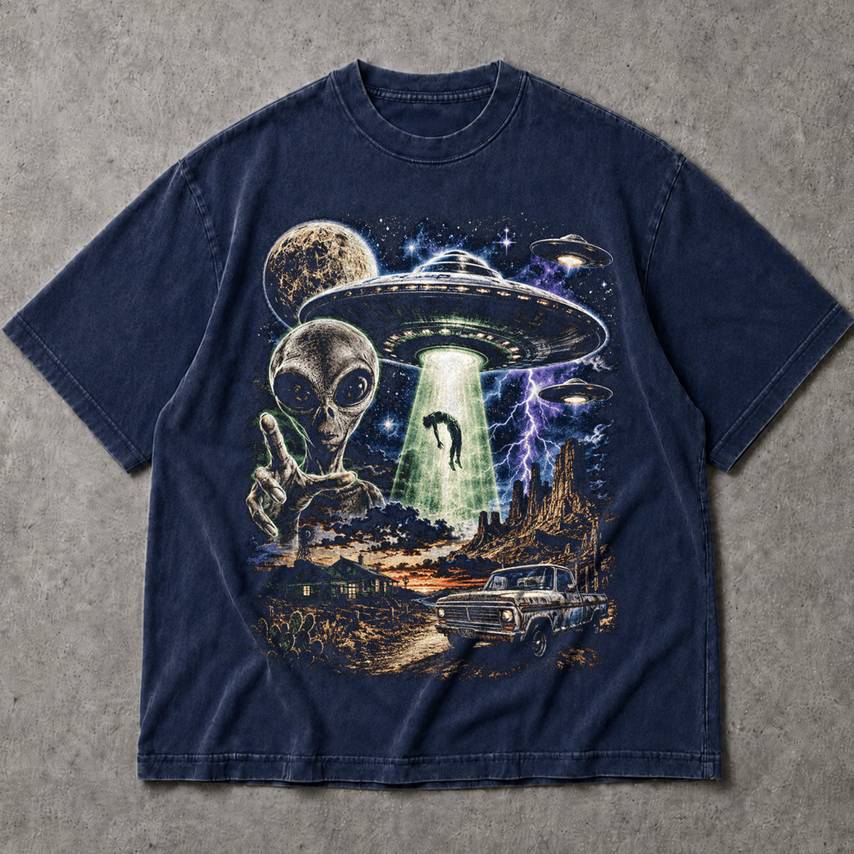 SF_COLOR=navy; SF_ITEM=adult-t-shirt; SF_ROLE=main; Vintage Alien UFO Abduction T-Shirt Desert Truck Sci Fi Movie Poster Horror - Navy Adult T-Shirt product image