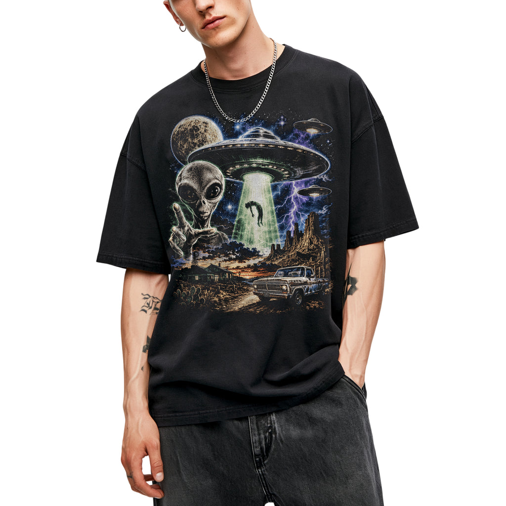 SF_COLOR=black; SF_ITEM=adult-t-shirt; SF_ROLE=gallery; Vintage Alien UFO Abduction T-Shirt Desert Truck Sci Fi Movie Poster Horror - Black Adult T-Shirt product image