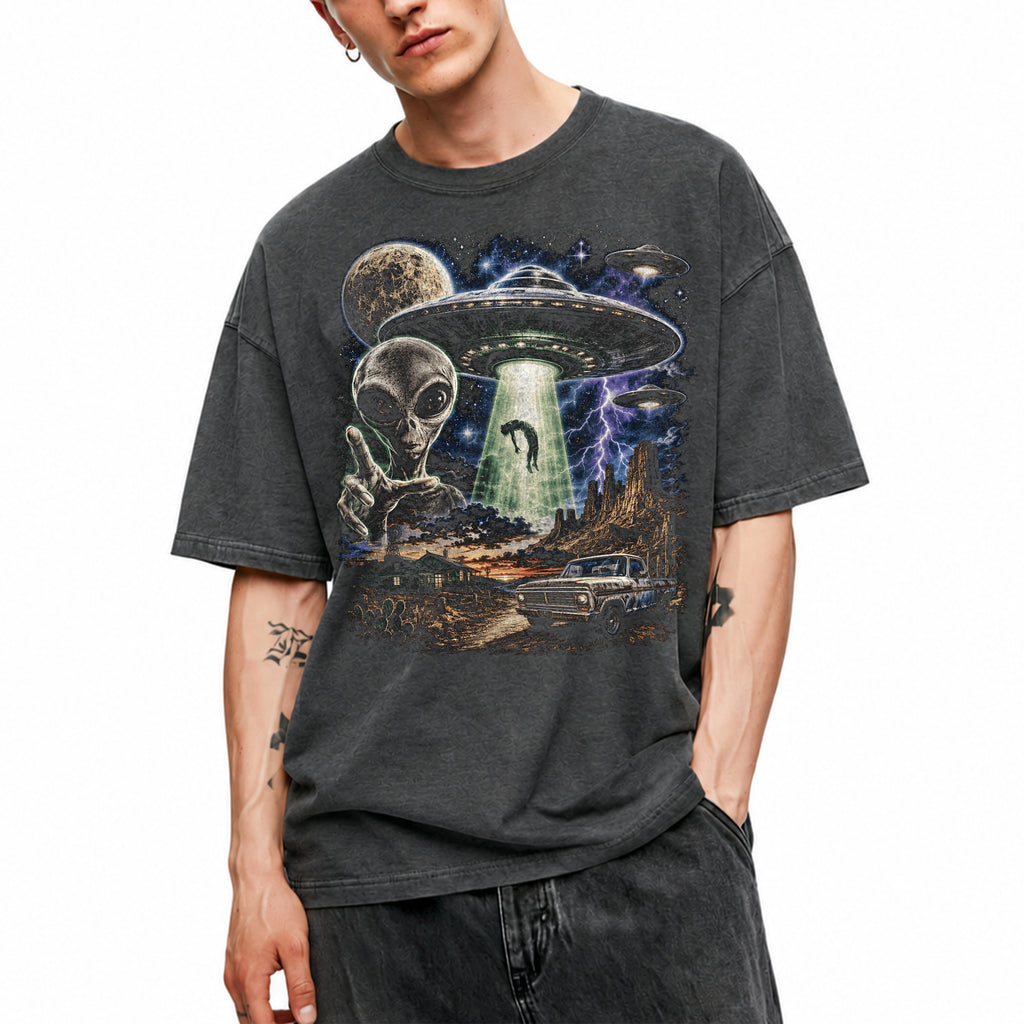 SF_COLOR=dark-heather; SF_ITEM=adult-t-shirt; SF_ROLE=gallery; Vintage Alien UFO Abduction T-Shirt Desert Truck Sci Fi Movie Poster Horror - Dark Heather Adult T-Shirt product image