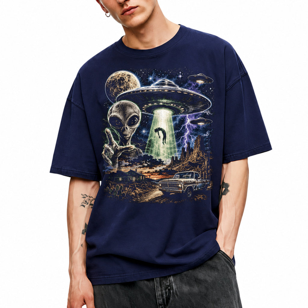 SF_COLOR=navy; SF_ITEM=adult-t-shirt; SF_ROLE=gallery; Vintage Alien UFO Abduction T-Shirt Desert Truck Sci Fi Movie Poster Horror - Navy Adult T-Shirt product image