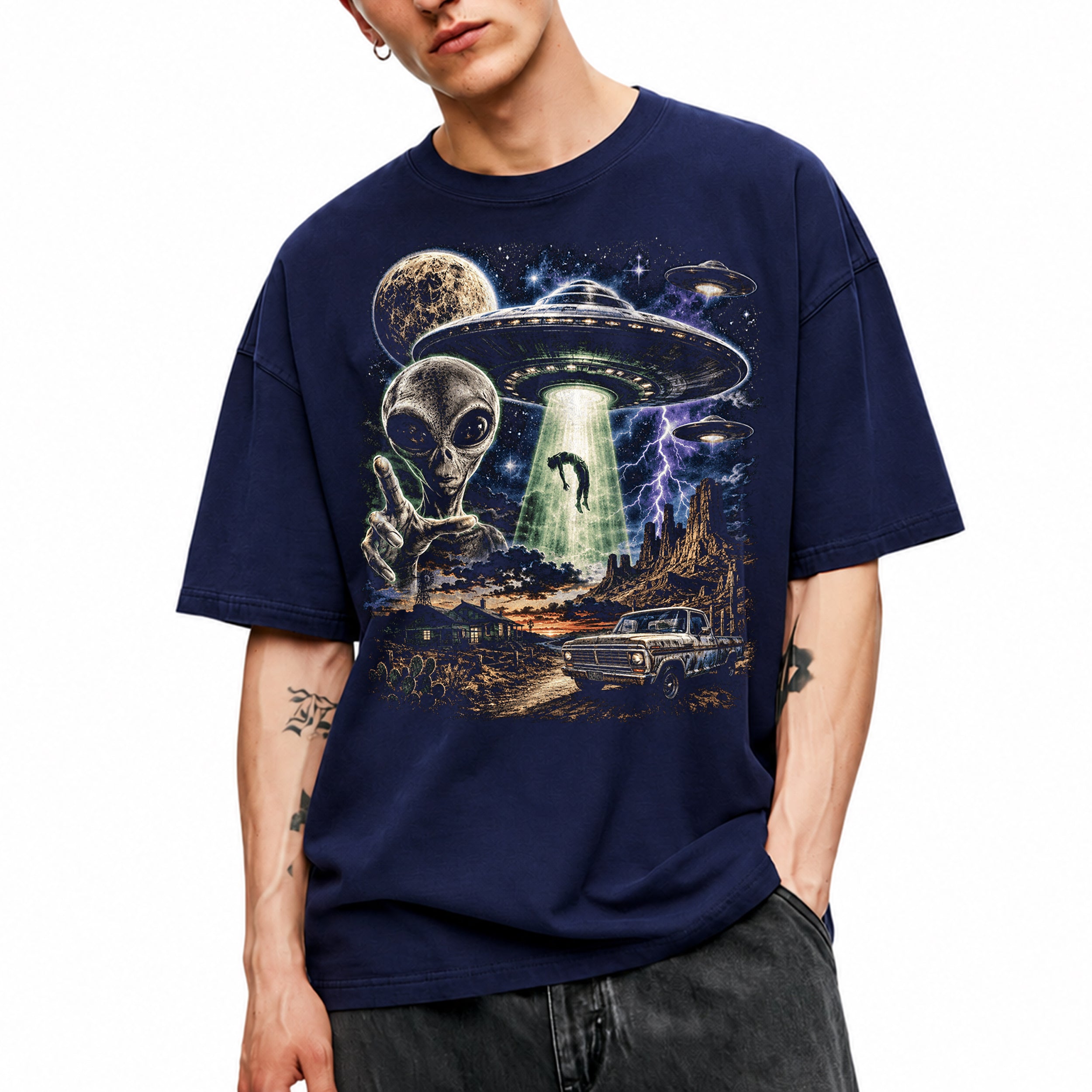 SF_COLOR=navy; SF_ITEM=adult-t-shirt; SF_ROLE=gallery; Vintage Alien UFO Abduction T-Shirt Desert Truck Sci Fi Movie Poster Horror - Navy Adult T-Shirt product image