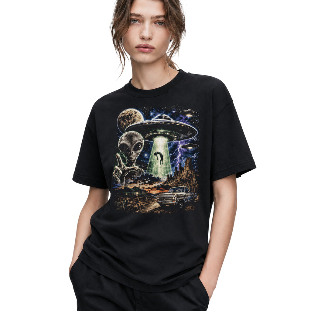SF_COLOR=black; SF_ITEM=adult-t-shirt; SF_ROLE=gallery; Vintage Alien UFO Abduction T-Shirt Desert Truck Sci Fi Movie Poster Horror - Black Adult T-Shirt product image