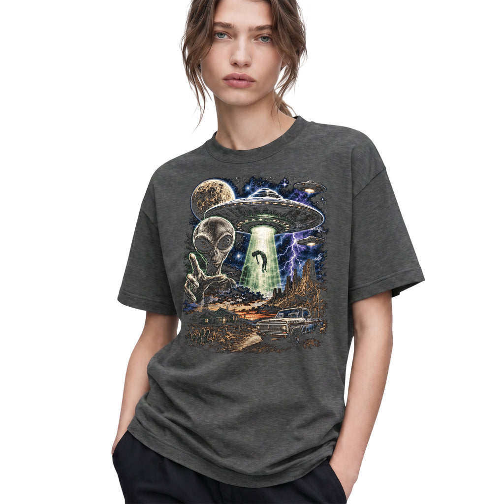SF_COLOR=dark-heather; SF_ITEM=adult-t-shirt; SF_ROLE=gallery; Vintage Alien UFO Abduction T-Shirt Desert Truck Sci Fi Movie Poster Horror - Dark Heather Adult T-Shirt product image