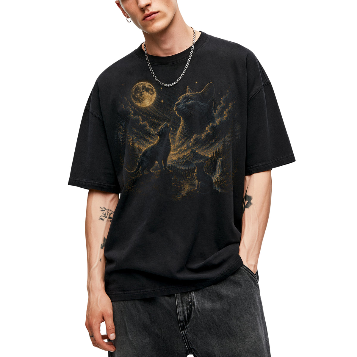 SF_COLOR=black; SF_ITEM=adult-t-shirt; SF_ROLE=main; Vintage Cats Looking At Moon T-Shirt Night Sky Mountains Etching Style Graphic - Black Adult T-Shirt product image