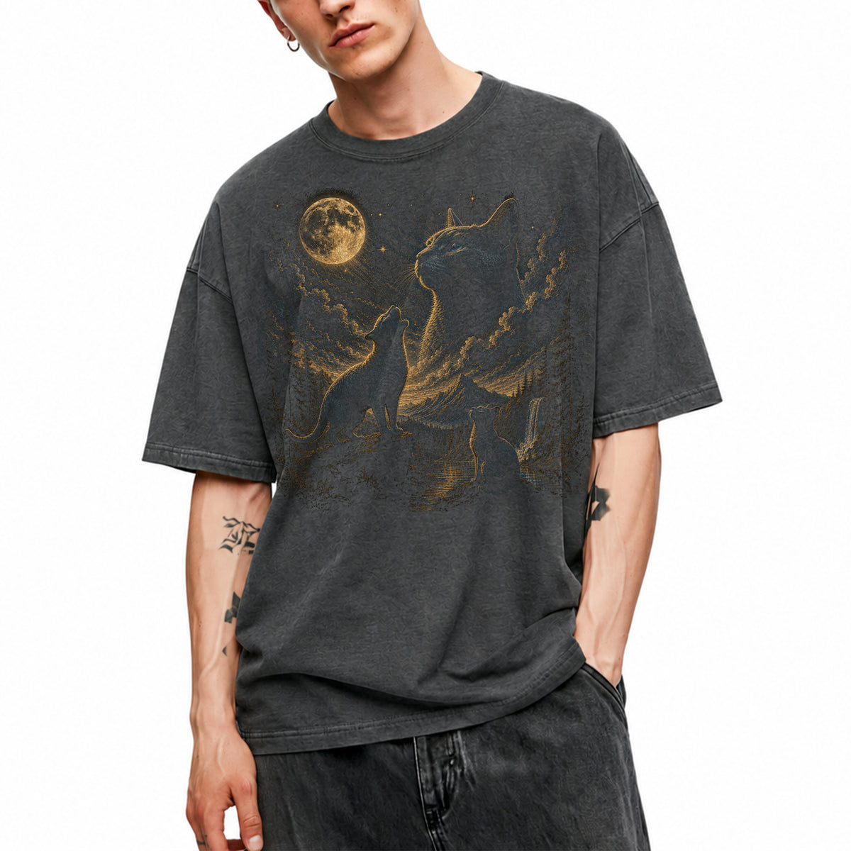 SF_COLOR=dark-heather; SF_ITEM=adult-t-shirt; SF_ROLE=main; Vintage Cats Looking At Moon T-Shirt Night Sky Mountains Etching Style Graphic - Dark Heather Adult T-Shirt product image