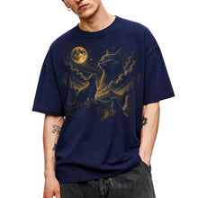 SF_COLOR=navy; SF_ITEM=adult-t-shirt; SF_ROLE=main; Vintage Cats Looking At Moon T-Shirt Night Sky Mountains Etching Style Graphic - Navy Adult T-Shirt product image