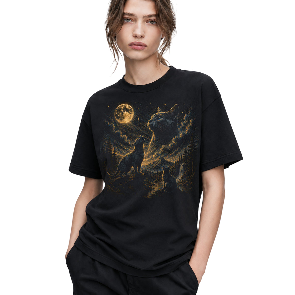 SF_COLOR=black; SF_ITEM=adult-t-shirt; SF_ROLE=gallery; Vintage Cats Looking At Moon T-Shirt Night Sky Mountains Etching Style Graphic - Black Adult T-Shirt product image