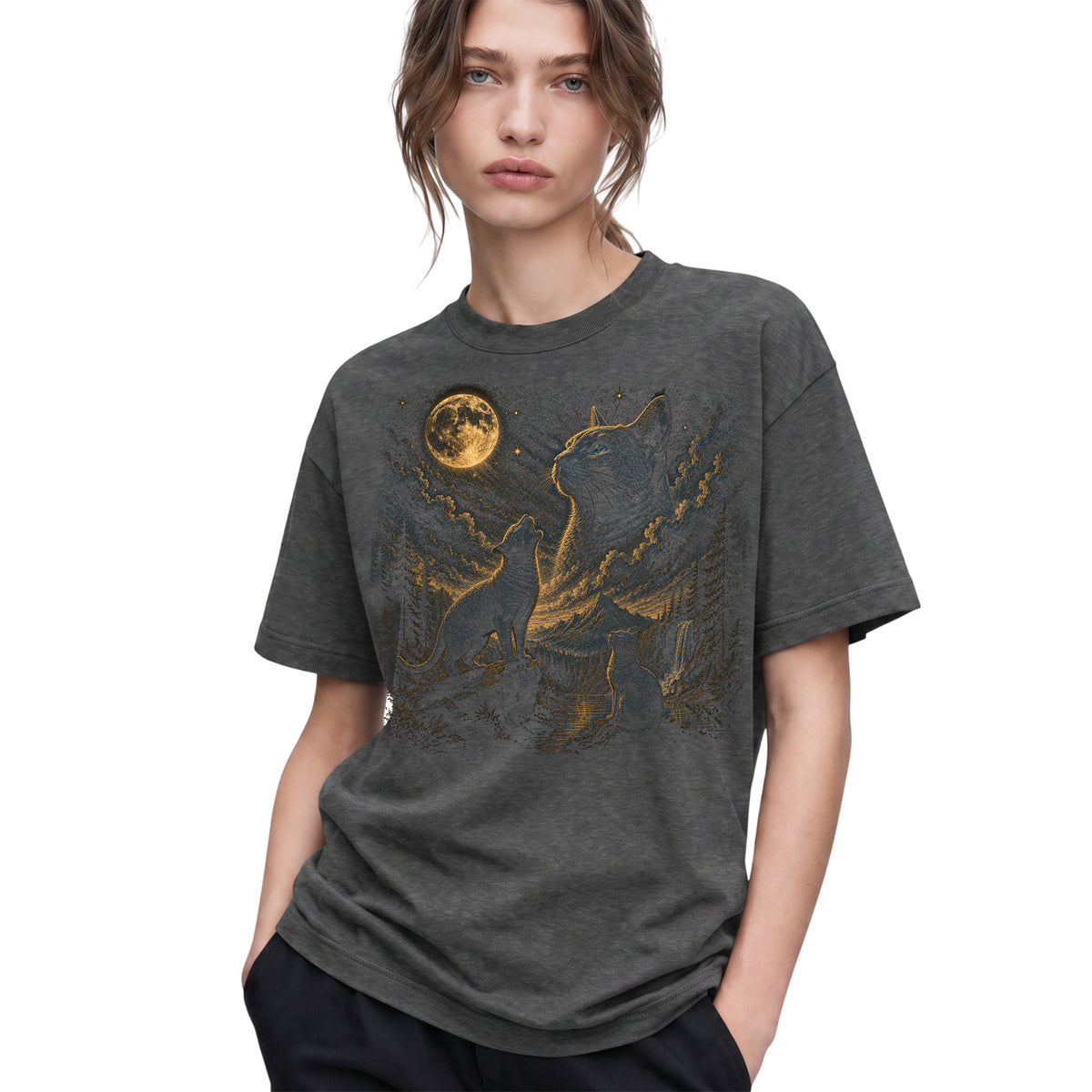 SF_COLOR=dark-heather; SF_ITEM=adult-t-shirt; SF_ROLE=gallery; Vintage Cats Looking At Moon T-Shirt Night Sky Mountains Etching Style Graphic - Dark Heather Adult T-Shirt product image