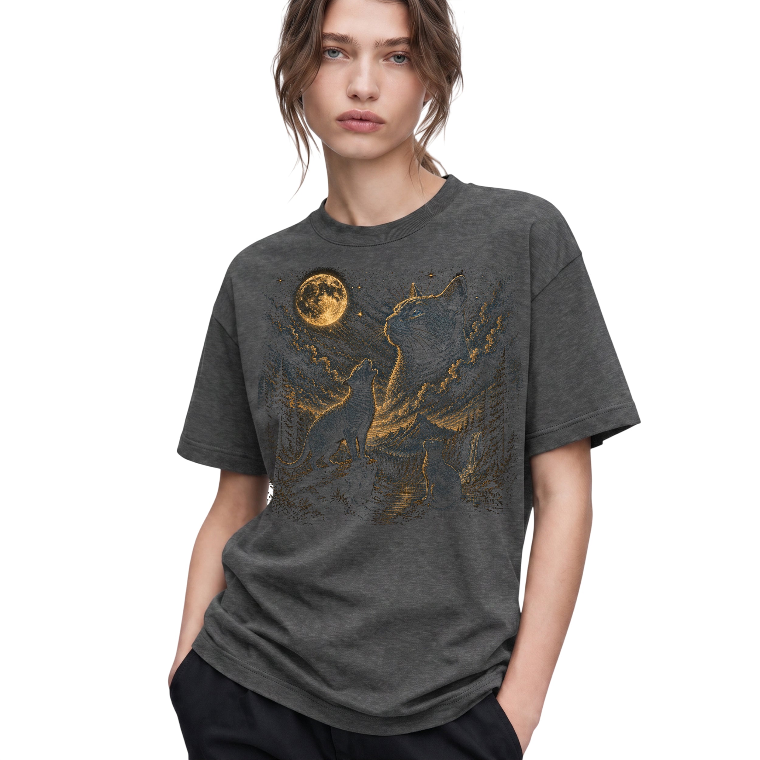 SF_COLOR=dark-heather; SF_ITEM=adult-t-shirt; SF_ROLE=gallery; Vintage Cats Looking At Moon T-Shirt Night Sky Mountains Etching Style Graphic - Dark Heather Adult T-Shirt product image