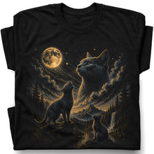 SF_COLOR=black; SF_ITEM=adult-t-shirt; SF_ROLE=gallery; Vintage Cats Looking At Moon T-Shirt Night Sky Mountains Etching Style Graphic - Black Adult T-Shirt product image