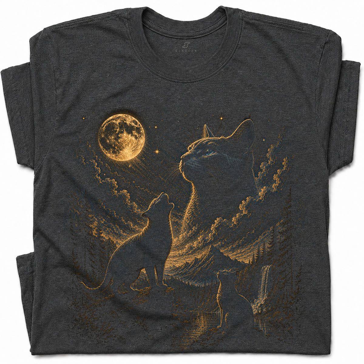 SF_COLOR=dark-heather; SF_ITEM=adult-t-shirt; SF_ROLE=gallery; Vintage Cats Looking At Moon T-Shirt Night Sky Mountains Etching Style Graphic - Dark Heather Adult T-Shirt product image