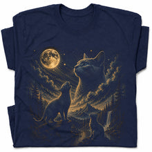 SF_COLOR=navy; SF_ITEM=adult-t-shirt; SF_ROLE=gallery; Vintage Cats Looking At Moon T-Shirt Night Sky Mountains Etching Style Graphic - Navy Adult T-Shirt product image