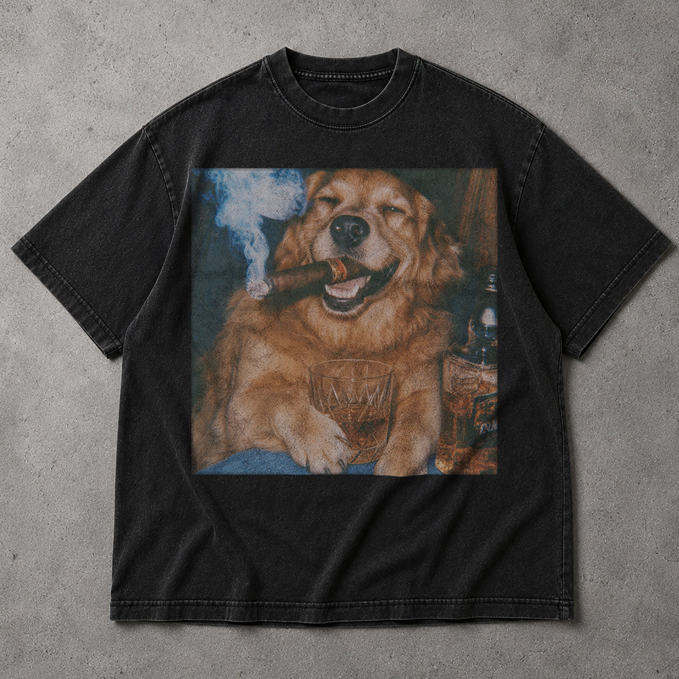 SF_COLOR=black; SF_ITEM=adult-t-shirt; SF_ROLE=main; Vintage Dog Smoking Cigar T-Shirt Whiskey Glass Retro Puppy Drinking Apparel - Black Adult T-Shirt product image