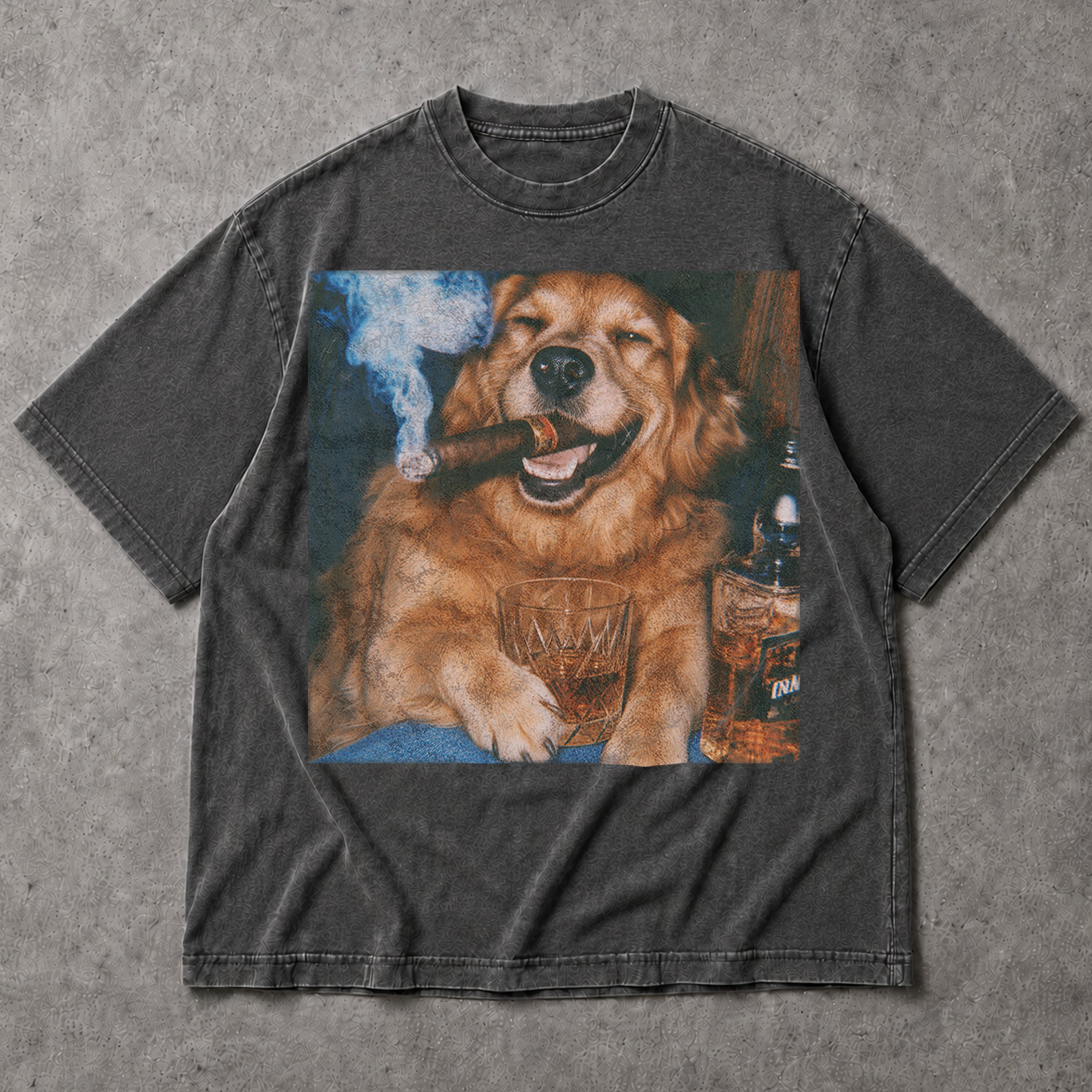 SF_COLOR=dark-heather; SF_ITEM=adult-t-shirt; SF_ROLE=main; Vintage Dog Smoking Cigar T-Shirt Whiskey Glass Retro Puppy Drinking Apparel - Dark Heather Adult T-Shirt product image