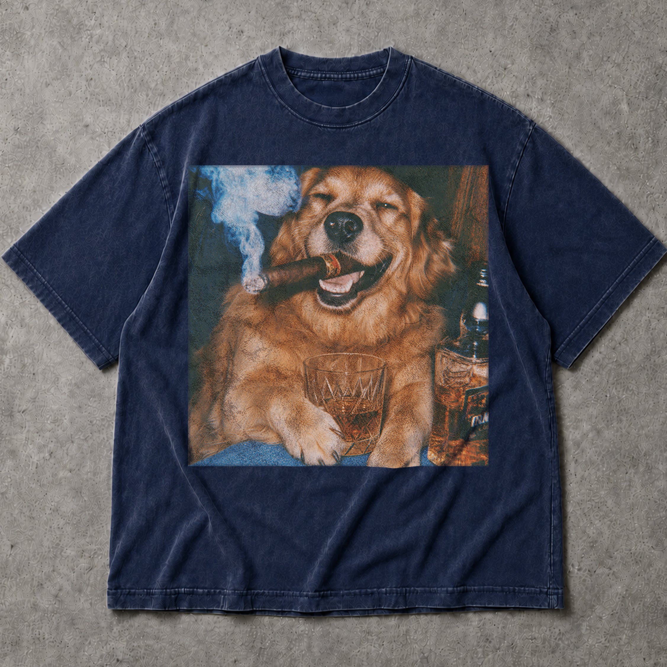 SF_COLOR=navy; SF_ITEM=adult-t-shirt; SF_ROLE=main; Vintage Dog Smoking Cigar T-Shirt Whiskey Glass Retro Puppy Drinking Apparel - Navy Adult T-Shirt product image