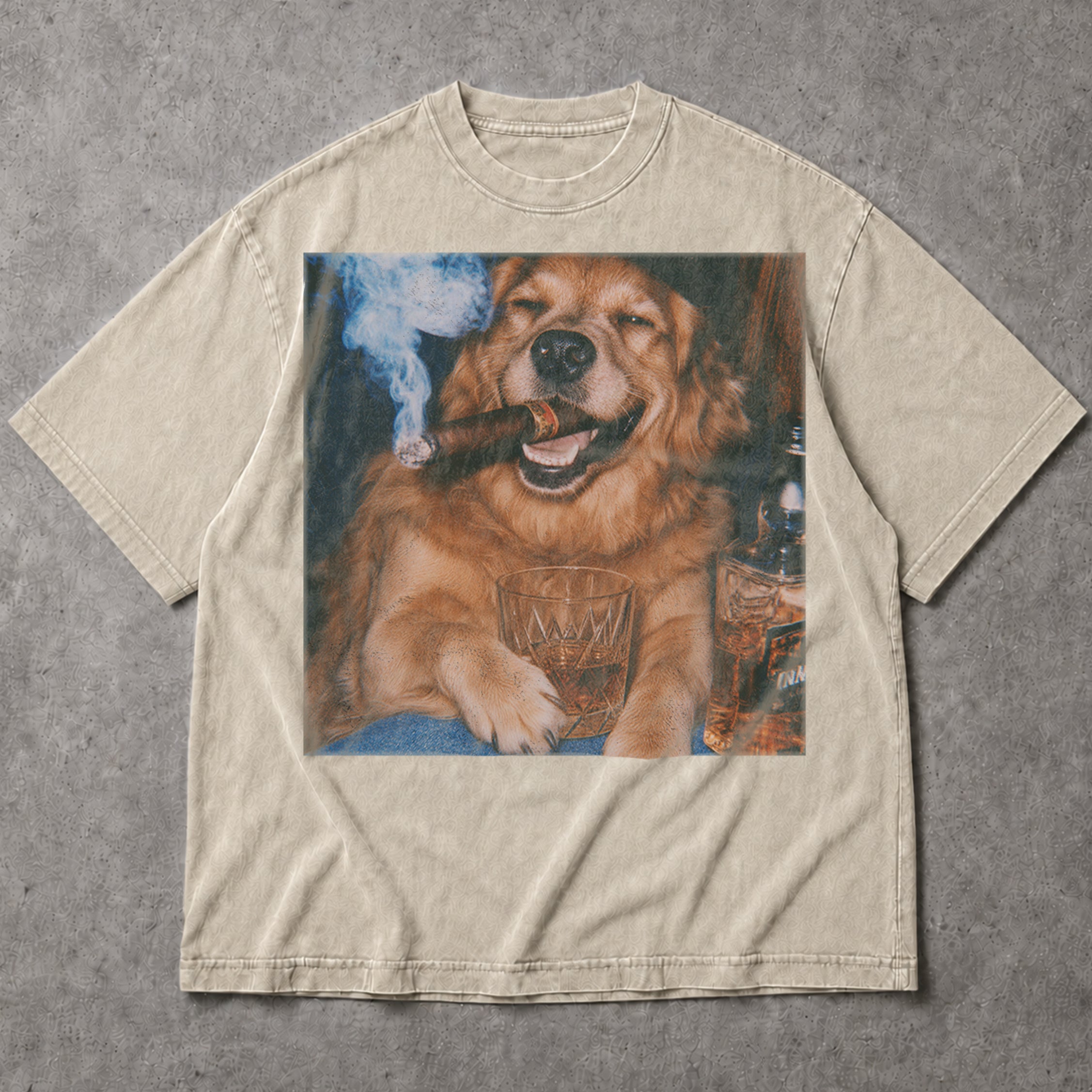 SF_COLOR=sand; SF_ITEM=adult-t-shirt; SF_ROLE=main; Vintage Dog Smoking Cigar T-Shirt Whiskey Glass Retro Puppy Drinking Apparel - Sand Adult T-Shirt product image