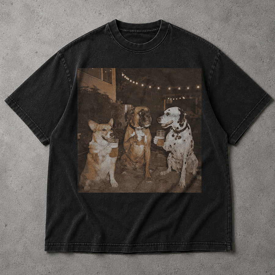 Vintage Dogs Drinking Beer Outdoors T-Shirt Funny Retro Animal Humor Party Tee