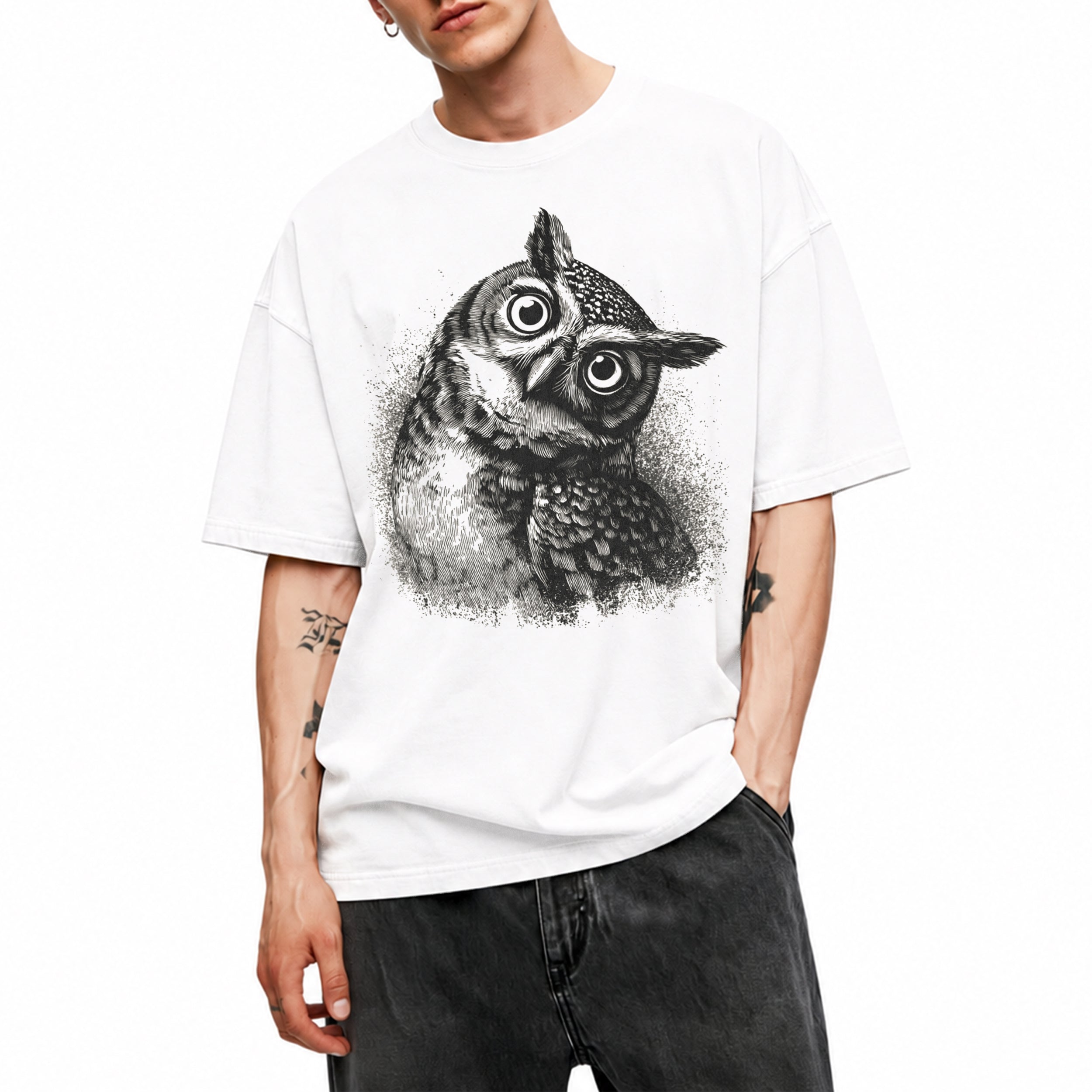 SF_COLOR=white; SF_ITEM=adult-t-shirt; SF_ROLE=main; Vintage Owl Sketch Hand Drawn Bird Portrait T-Shirt Nature Wildlife Art Tee - White Adult T-Shirt product image