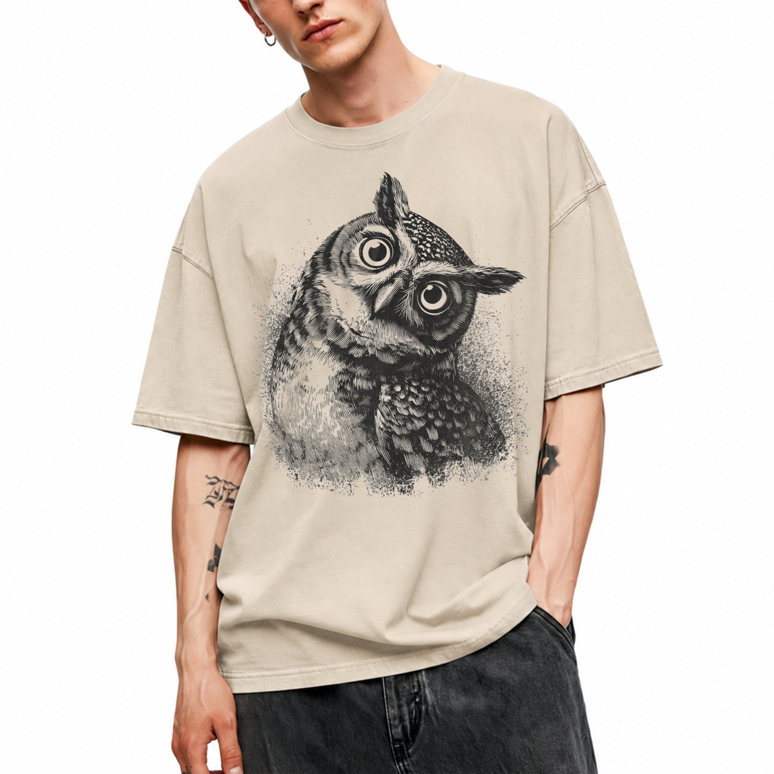 SF_COLOR=sand; SF_ITEM=adult-t-shirt; SF_ROLE=main; Vintage Owl Sketch Hand Drawn Bird Portrait T-Shirt Nature Wildlife Art Tee - Sand Adult T-Shirt product image