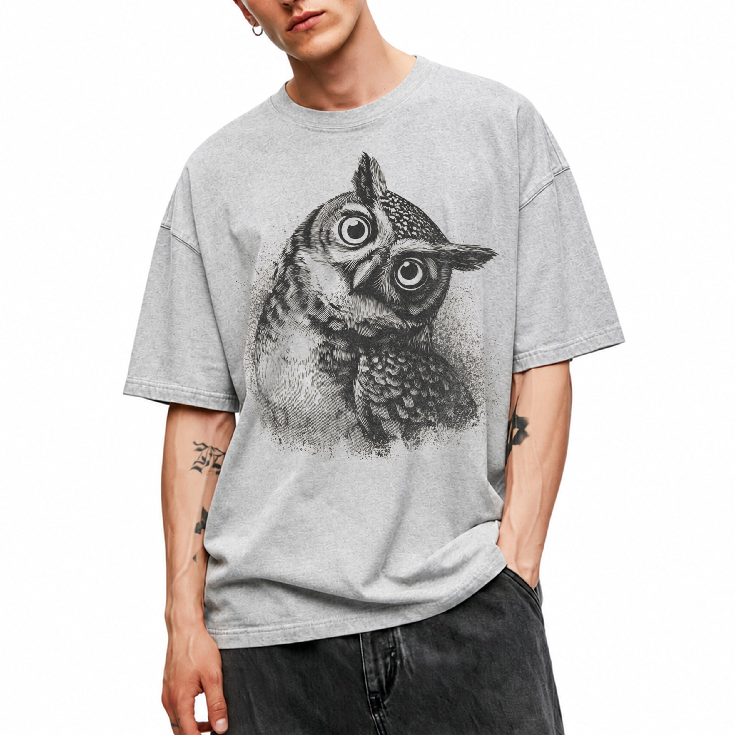 SF_COLOR=sport-grey; SF_ITEM=adult-t-shirt; SF_ROLE=main; Vintage Owl Sketch Hand Drawn Bird Portrait T-Shirt Nature Wildlife Art Tee - Sport Grey Adult T-Shirt product image