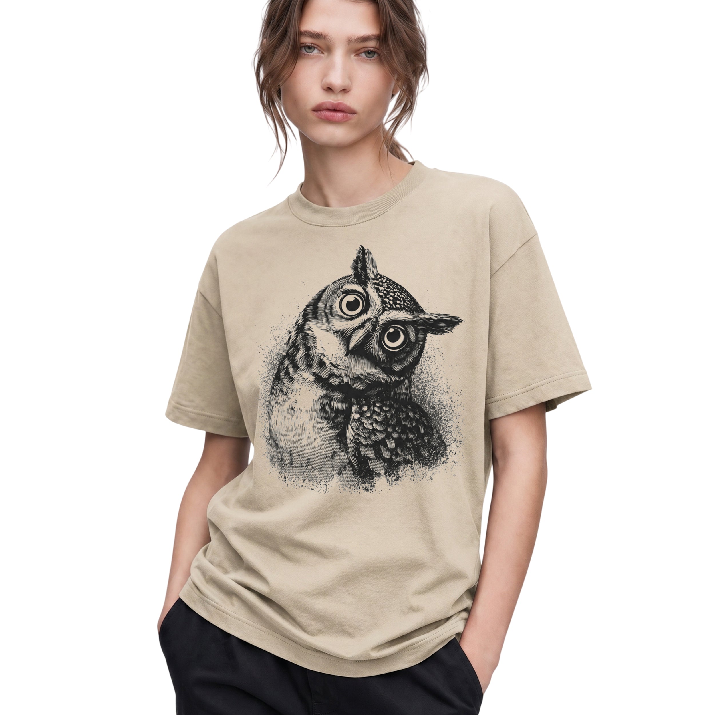SF_COLOR=sand; SF_ITEM=adult-t-shirt; SF_ROLE=gallery; Vintage Owl Sketch Hand Drawn Bird Portrait T-Shirt Nature Wildlife Art Tee - Sand Adult T-Shirt product image