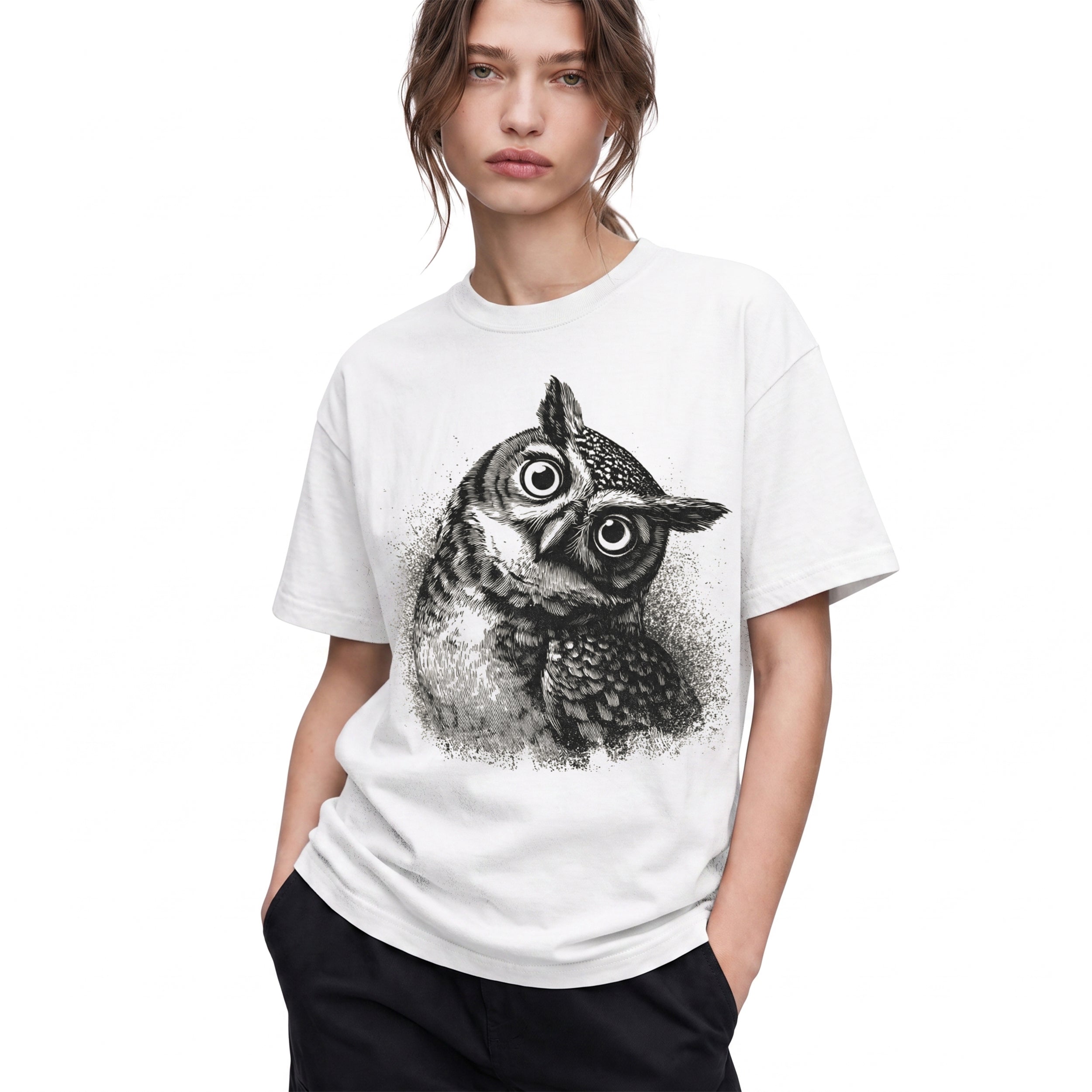 SF_COLOR=white; SF_ITEM=adult-t-shirt; SF_ROLE=gallery; Vintage Owl Sketch Hand Drawn Bird Portrait T-Shirt Nature Wildlife Art Tee - White Adult T-Shirt product image