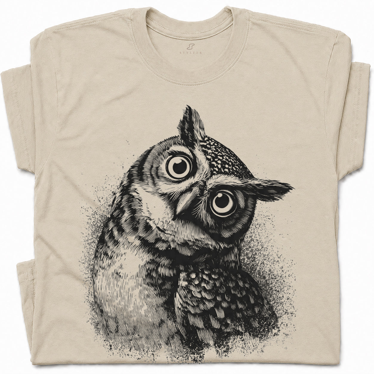 SF_COLOR=sand; SF_ITEM=adult-t-shirt; SF_ROLE=gallery; Vintage Owl Sketch Hand Drawn Bird Portrait T-Shirt Nature Wildlife Art Tee - Sand Adult T-Shirt product image